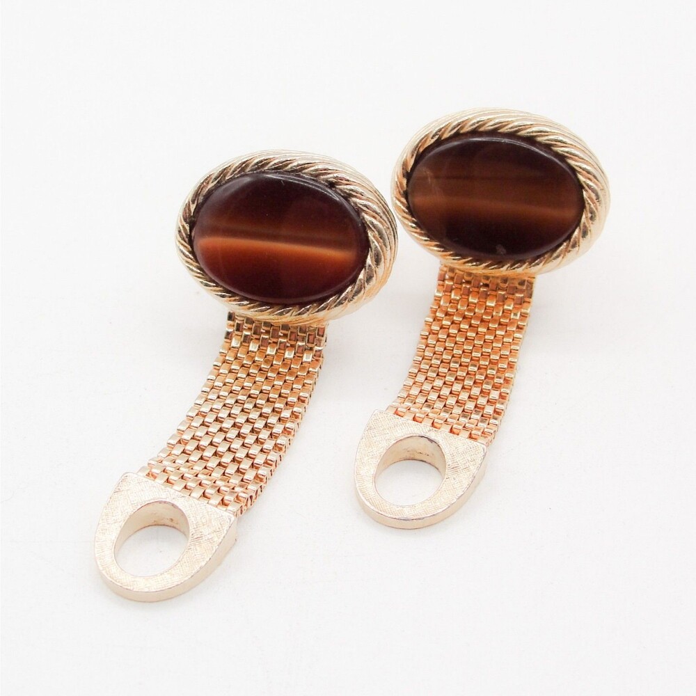 Vintage Swank Brown Tigers Eye Cabochon Gold Tone Mesh Wrap Around Cufflinks MCM